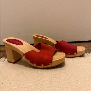 Red Leather Clogs with Wooden Heel